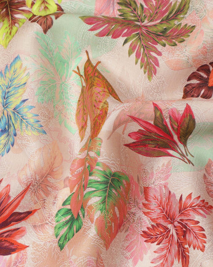 Peach Pink Tropical Leaf Printed Cotton Satin Fabric 110 Cms Width India-D27823 - Regal Fabrics