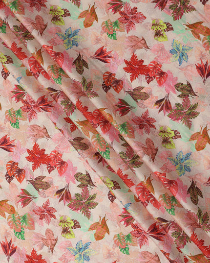 Peach Pink Tropical Leaf Printed Cotton Satin Fabric 110 Cms Width India-D27823 - Regal Fabrics