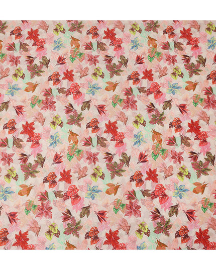 Peach Pink Tropical Leaf Printed Cotton Satin Fabric 110 Cms Width India-D27823 - Regal Fabrics