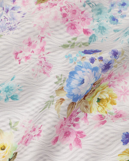 White Floral Printed Cotton Satin Fabric 110 Cms Width Soft Smooth Finish Lightweight Dress Material India-D27884 Regal Fabrics