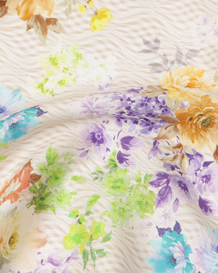 Cream Floral Printed Cotton Satin Fabric 110 Cms Width Soft Smooth Finish Lightweight Dress Material India-D27898