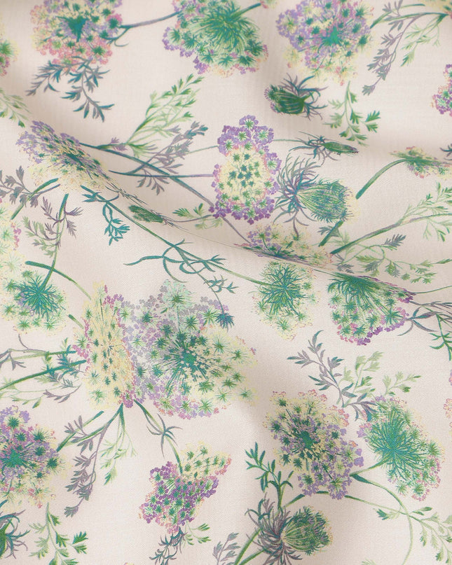 Off White Floral Printed Cotton Satin Fabric 110 Cms Width Soft Smooth Finish Lightweight Dress Material India-D27900