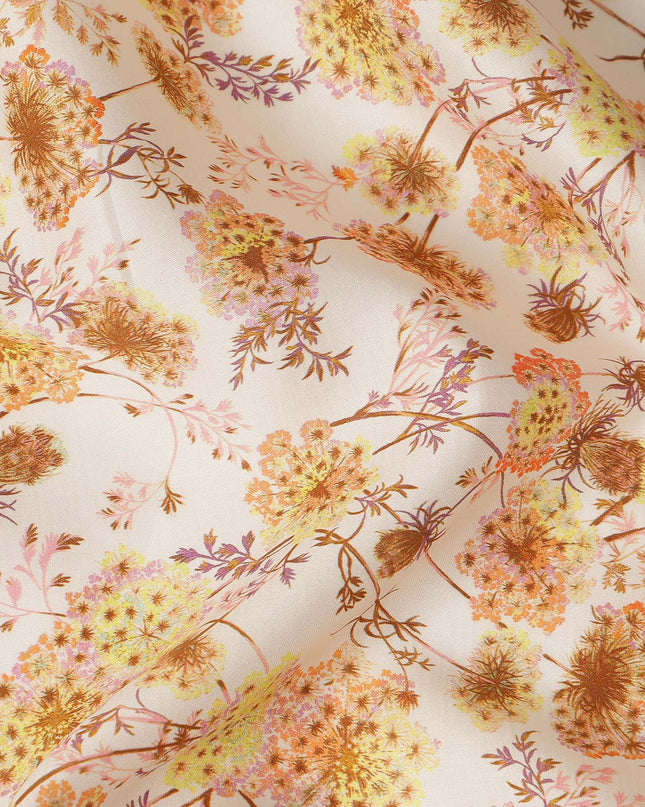 Ivory Floral Printed Cotton Satin Fabric 110 Cms Width Soft Smooth Finish Lightweight Dress Material India-D27909