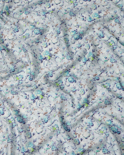 Ice Blue Floral Vine Printed Cotton Satin Fabric 110 Cms Width India-D27821 - Regal Fabrics