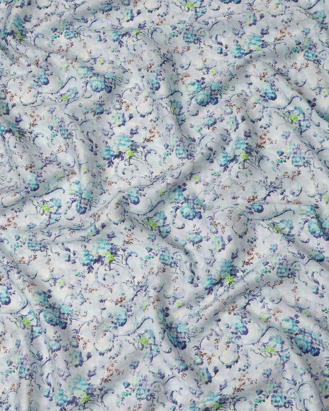 Ice Blue Floral Vine Printed Cotton Satin Fabric 110 Cms Width India-D27821 - Regal Fabrics