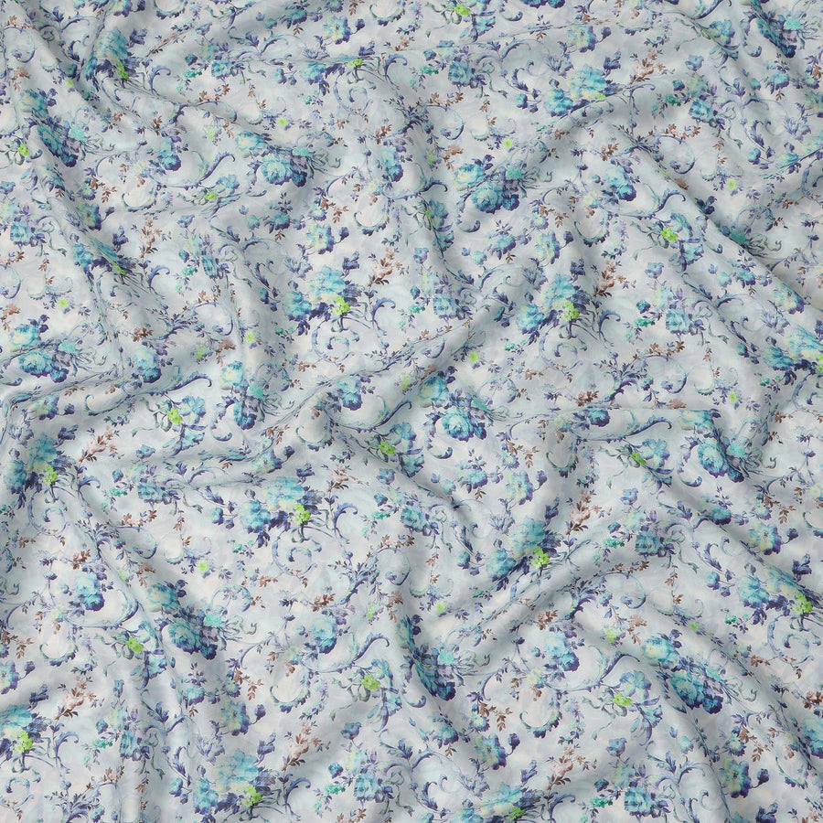 Ice Blue Floral Vine Printed Cotton Satin Fabric 110 Cms Width India-D27821 - Regal Fabrics