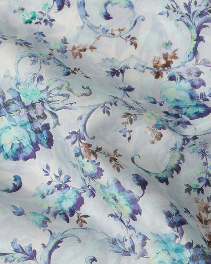 Ice Blue Floral Vine Printed Cotton Satin Fabric 110 Cms Width India-D27821 - Regal Fabrics