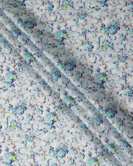 Ice Blue Floral Vine Printed Cotton Satin Fabric 110 Cms Width India-D27821 - Regal Fabrics