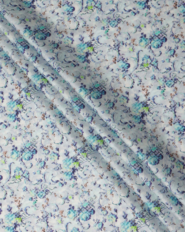 Ice Blue Floral Vine Printed Cotton Satin Fabric 110 Cms Width India-D27821 - Regal Fabrics