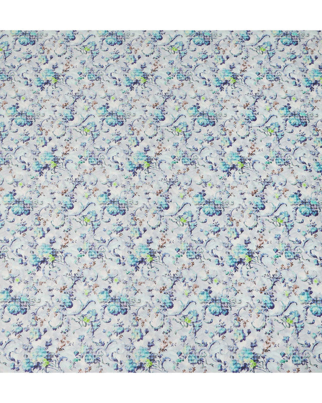 Ice Blue Floral Vine Printed Cotton Satin Fabric 110 Cms Width India-D27821 - Regal Fabrics