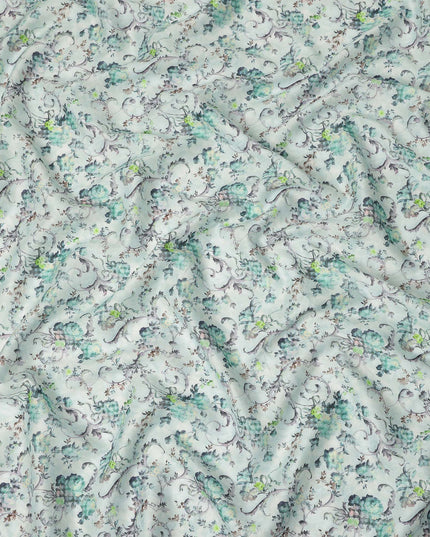 Mint Green Floral Vine Printed Cotton Satin Fabric 110 Cms Width Soft Smooth Finish Lightweight Dress Material India-D27897