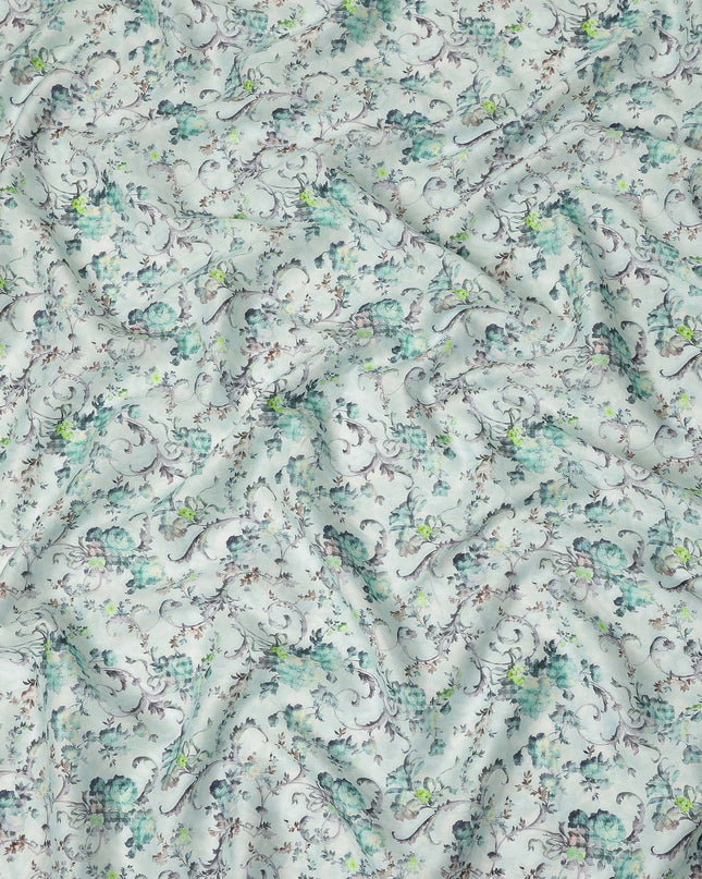 Mint Green Floral Vine Printed Cotton Satin Fabric 110 Cms Width Soft Smooth Finish Lightweight Dress Material India-D27897