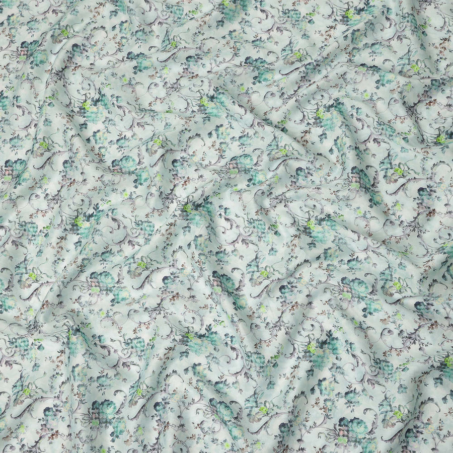 Mint Green Floral Vine Printed Cotton Satin Fabric 110 Cms Width Soft Smooth Finish Lightweight Dress Material India-D27897