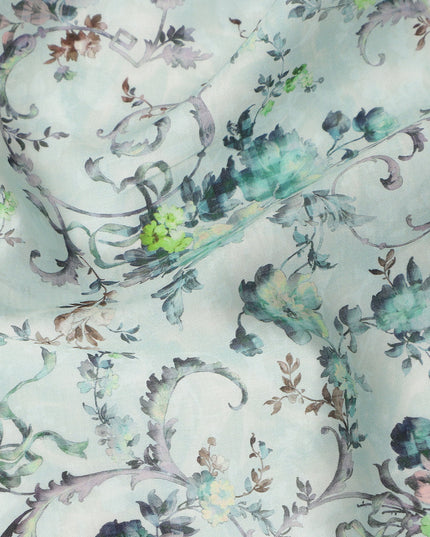 Mint Green Floral Vine Printed Cotton Satin Fabric 110 Cms Width Soft Smooth Finish Lightweight Dress Material India-D27897