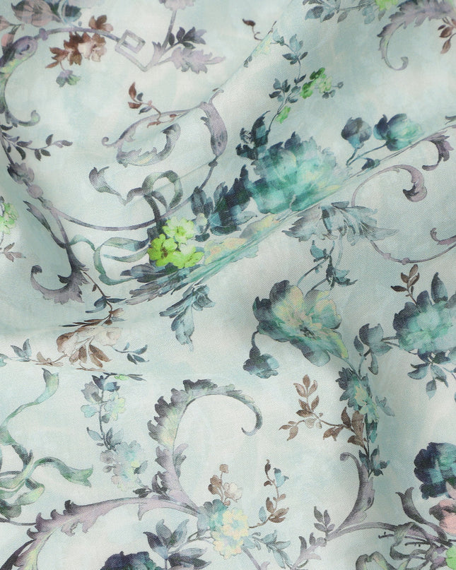 Mint Green Floral Vine Printed Cotton Satin Fabric 110 Cms Width Soft Smooth Finish Lightweight Dress Material India-D27897