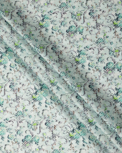 Mint Green Floral Vine Printed Cotton Satin Fabric 110 Cms Width Soft Smooth Finish Lightweight Dress Material India-D27897