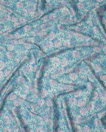 Turquoise Pink Floral Printed Cotton Satin Fabric 110 Cms Width India-D27833 Regal Fabrics