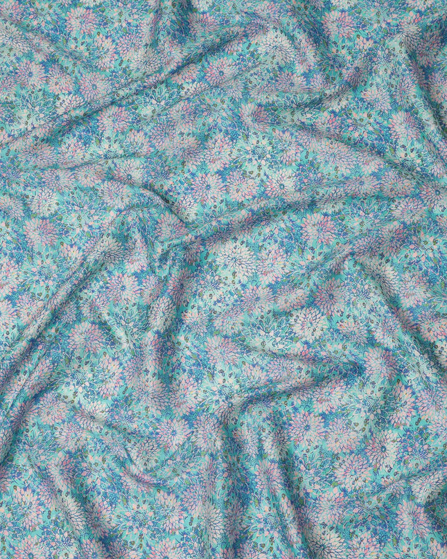 Turquoise Pink Floral Printed Cotton Satin Fabric 110 Cms Width India-D27833 Regal Fabrics