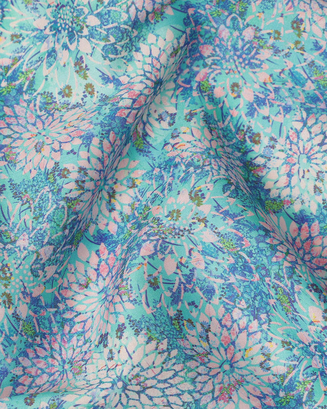Turquoise Pink Floral Printed Cotton Satin Fabric 110 Cms Width India-D27833 Regal Fabrics