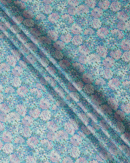 Turquoise Pink Floral Printed Cotton Satin Fabric 110 Cms Width India-D27833 Regal Fabrics
