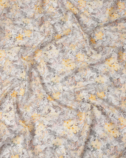 Grey Yellow Floral Printed Cotton Satin Fabric 110 Cms Width India-D27829 Regal Fabrics