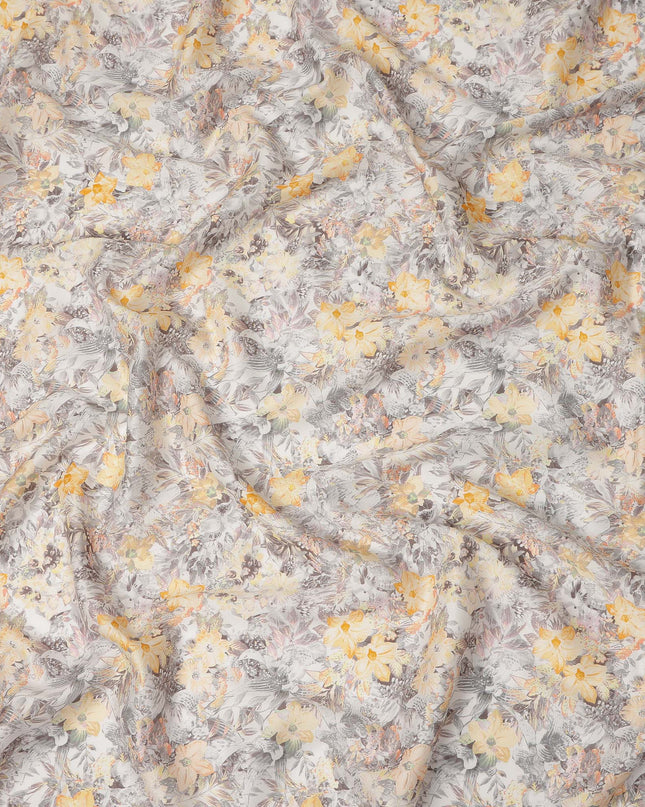 Grey Yellow Floral Printed Cotton Satin Fabric 110 Cms Width India-D27829 Regal Fabrics