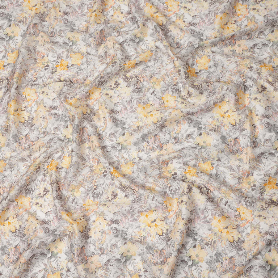 Grey Yellow Floral Printed Cotton Satin Fabric 110 Cms Width India-D27829 Regal Fabrics