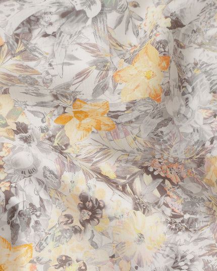 Grey Yellow Floral Printed Cotton Satin Fabric 110 Cms Width India-D27829 Regal Fabrics
