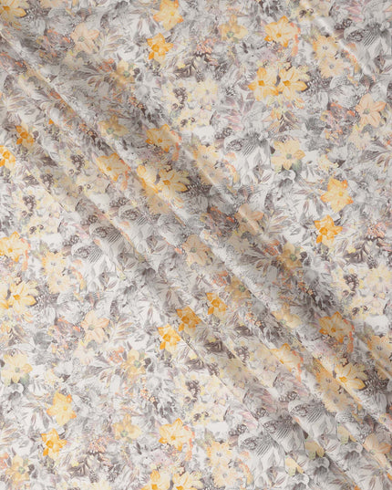 Grey Yellow Floral Printed Cotton Satin Fabric 110 Cms Width India-D27829 Regal Fabrics