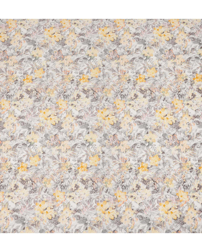 Grey Yellow Floral Printed Cotton Satin Fabric 110 Cms Width India-D27829 Regal Fabrics
