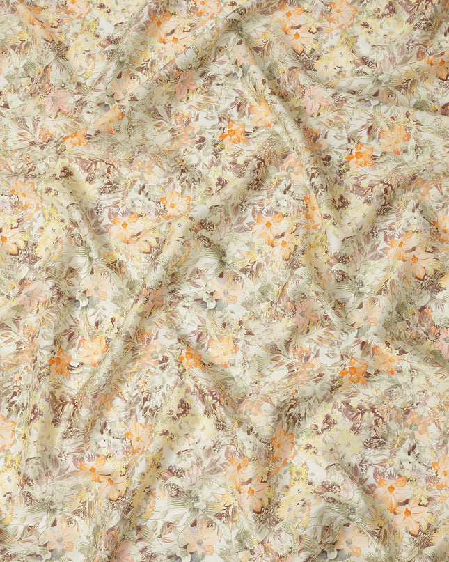 Light Beige Tropical Floral Printed Cotton Satin Fabric 110 Cms Width Soft Smooth Finish Lightweight Dress Material India-D27907