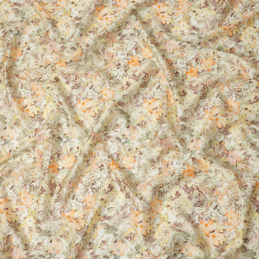 Light Beige Tropical Floral Printed Cotton Satin Fabric 110 Cms Width Soft Smooth Finish Lightweight Dress Material India-D27907