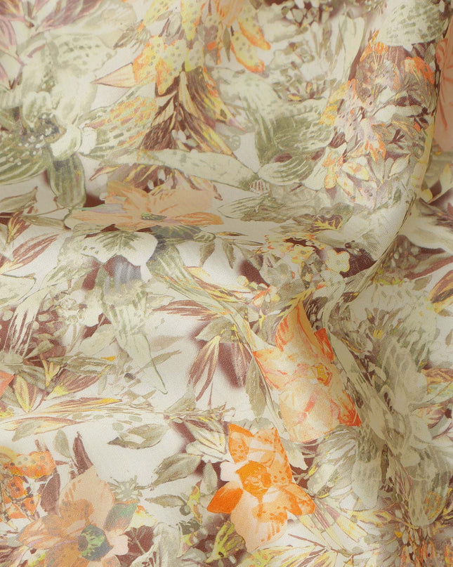 Light Beige Tropical Floral Printed Cotton Satin Fabric 110 Cms Width Soft Smooth Finish Lightweight Dress Material India-D27907