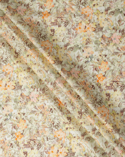 Light Beige Tropical Floral Printed Cotton Satin Fabric 110 Cms Width Soft Smooth Finish Lightweight Dress Material India-D27907