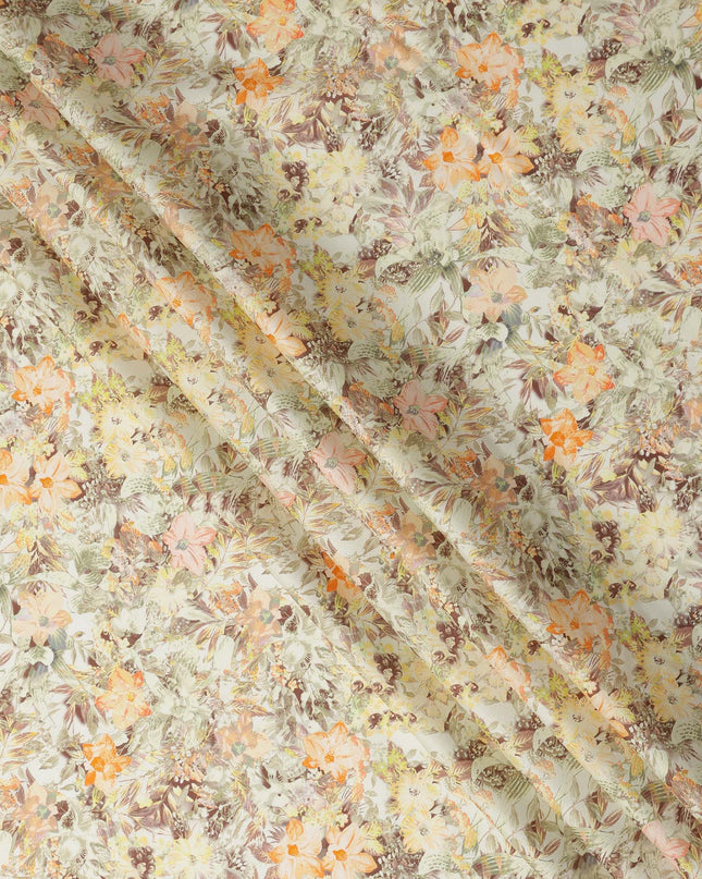 Light Beige Tropical Floral Printed Cotton Satin Fabric 110 Cms Width Soft Smooth Finish Lightweight Dress Material India-D27907