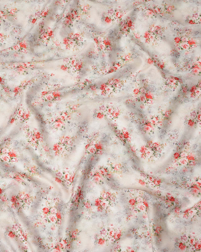 Beige Floral Printed Cotton Satin Fabric 110 Cms Width Soft Smooth Finish Lightweight Dress Material India-D27886