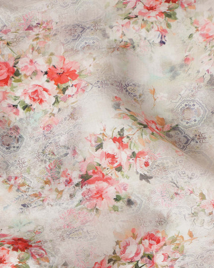 Beige Floral Printed Cotton Satin Fabric 110 Cms Width Soft Smooth Finish Lightweight Dress Material India-D27886 Regal Fabrics