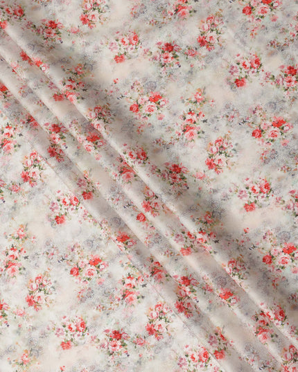 Beige Floral Printed Cotton Satin Fabric 110 Cms Width Soft Smooth Finish Lightweight Dress Material India-D27886 Regal Fabrics