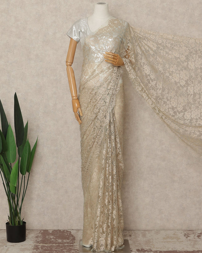 Champagne Beige French Chantilly Saree Lace Elegant Floral Net Design 5.5 Mtrs Length 110 Cms Width Premium Soft Sheer Fabric France Origin-D28936 Regal Fabrics