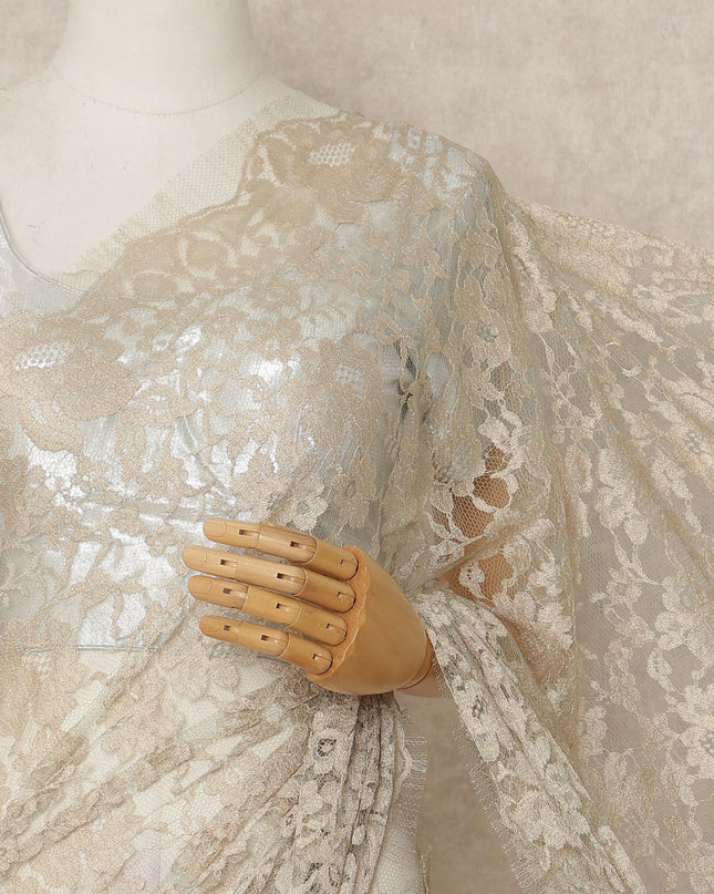 Champagne Beige French Chantilly Saree Lace Elegant Floral Net Design 5.5 Mtrs Length 110 Cms Width Premium Soft Sheer Fabric France Origin-D28936 Regal Fabrics