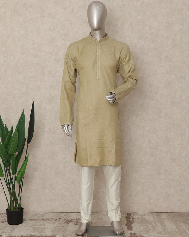 Sand Beige Plain Cotton Kurta Pyjama Set Men