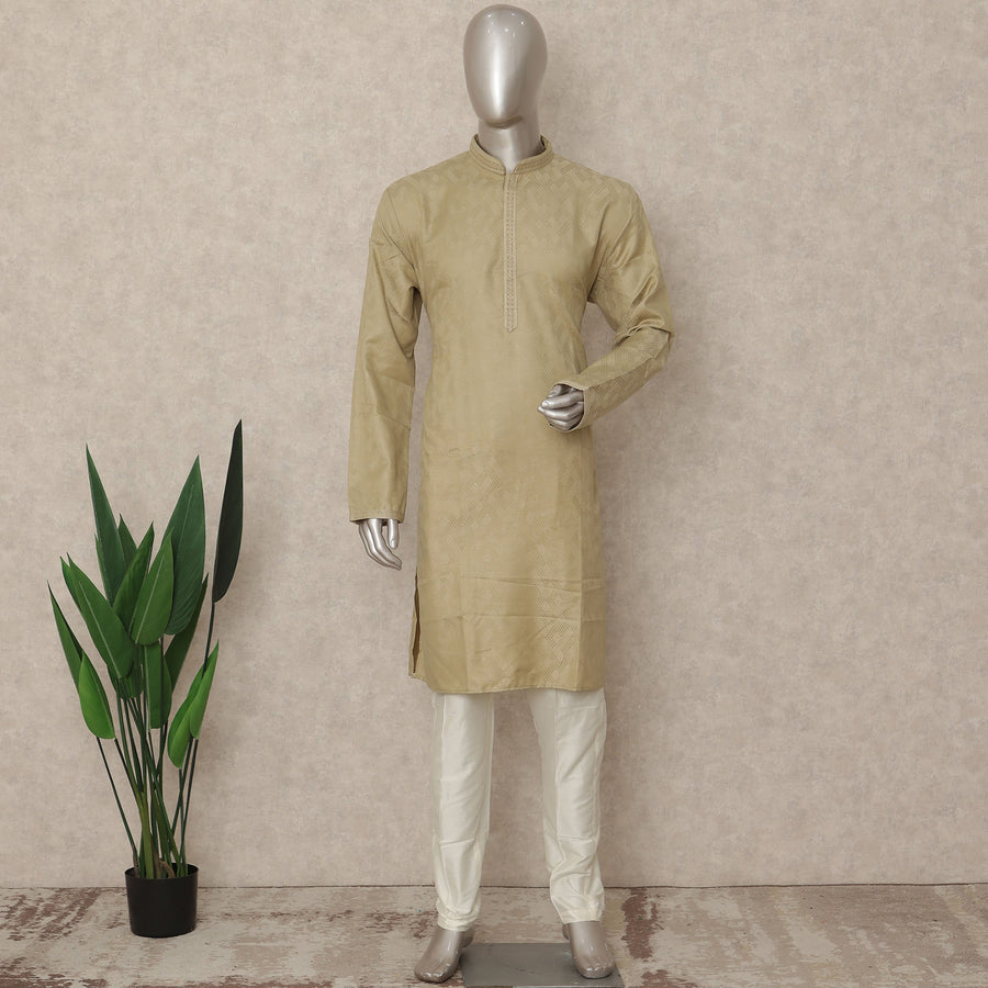 Sand Beige Plain Cotton Kurta Pyjama Set Men