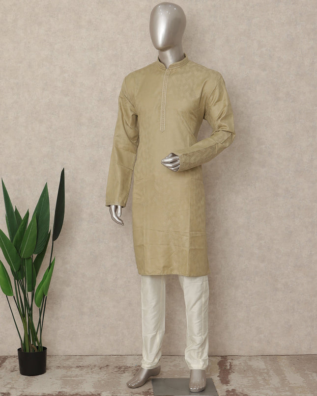 Sand Beige Plain Cotton Kurta Pyjama Set Men