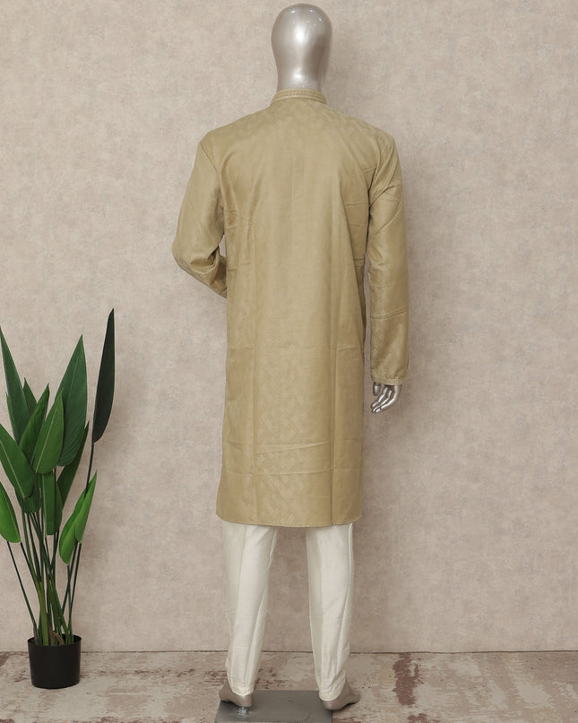 Sand Beige Plain Cotton Kurta Pyjama Set Men