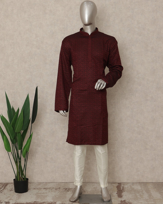 Deep Maroon Cotton Blend Kurta Pyjama Set Men
