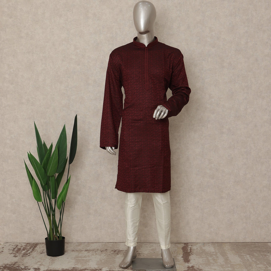 Deep Maroon Cotton Blend Kurta Pyjama Set Men