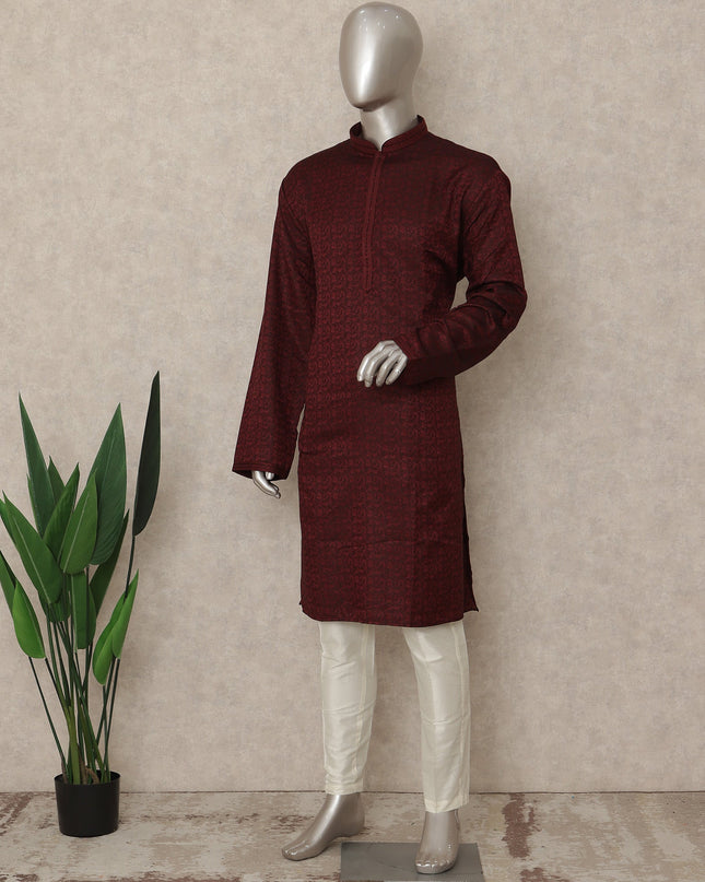 Deep Maroon Cotton Blend Kurta Pyjama Set Men