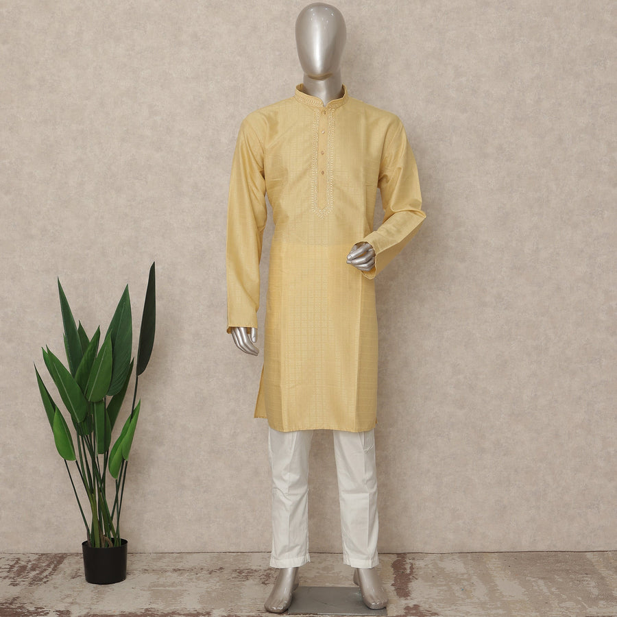 Soft Yellow Cotton Blend Kurta Pyjama Set Men
