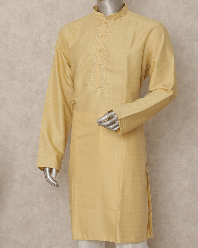 Soft Yellow Cotton Blend Kurta Pyjama Set Men