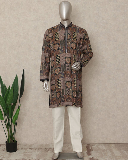 Brown Patchwork Cotton Kurta Pyjama Set Men